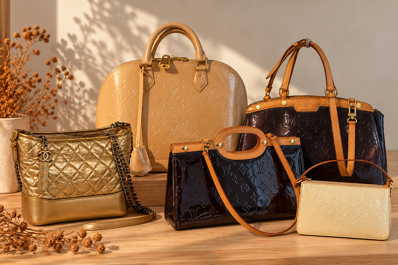 Conjunto de bolsas Louis Vuitton em verniz sobre bancada de madeira