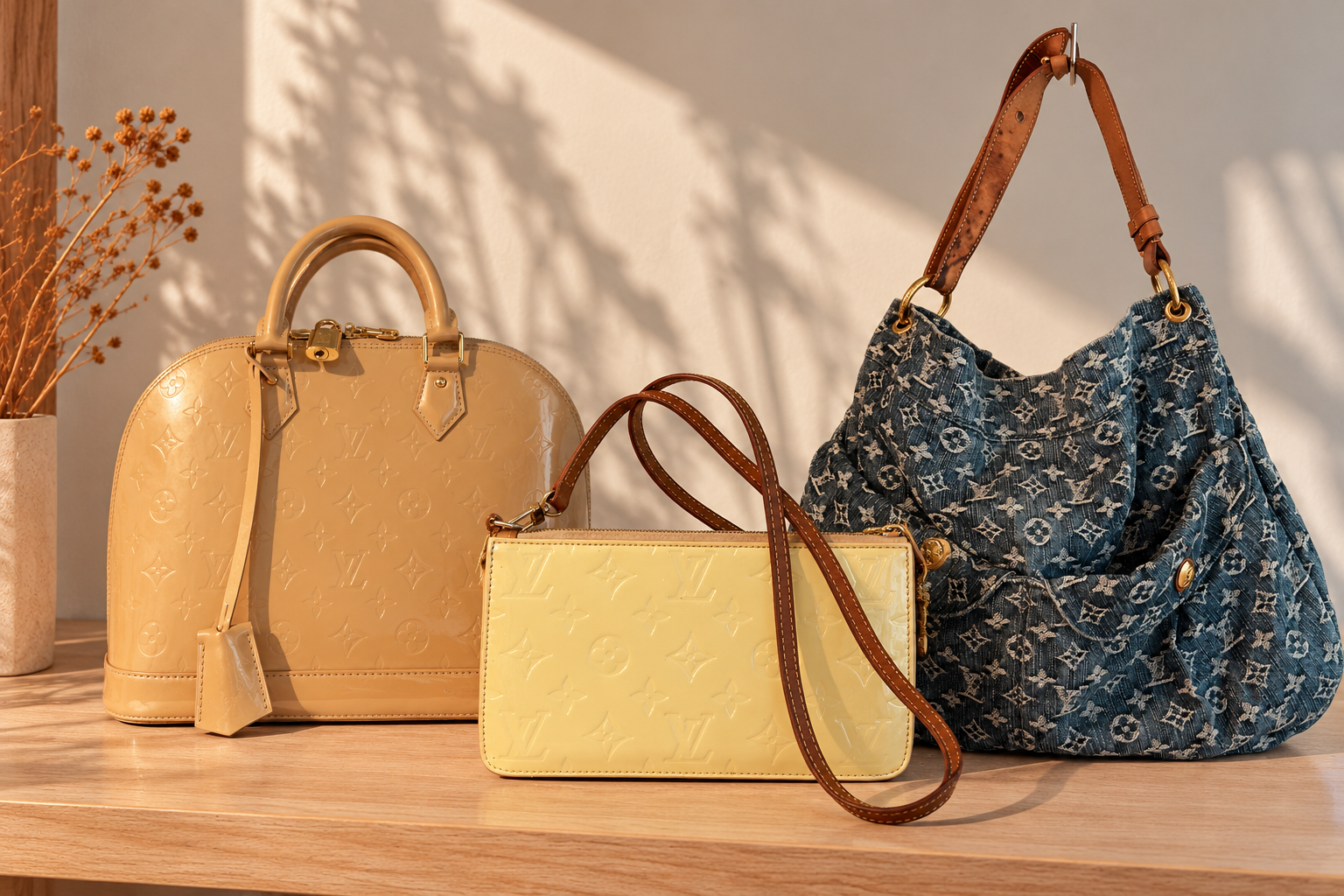 Três bolsas de luxo sobre bancada de madeira