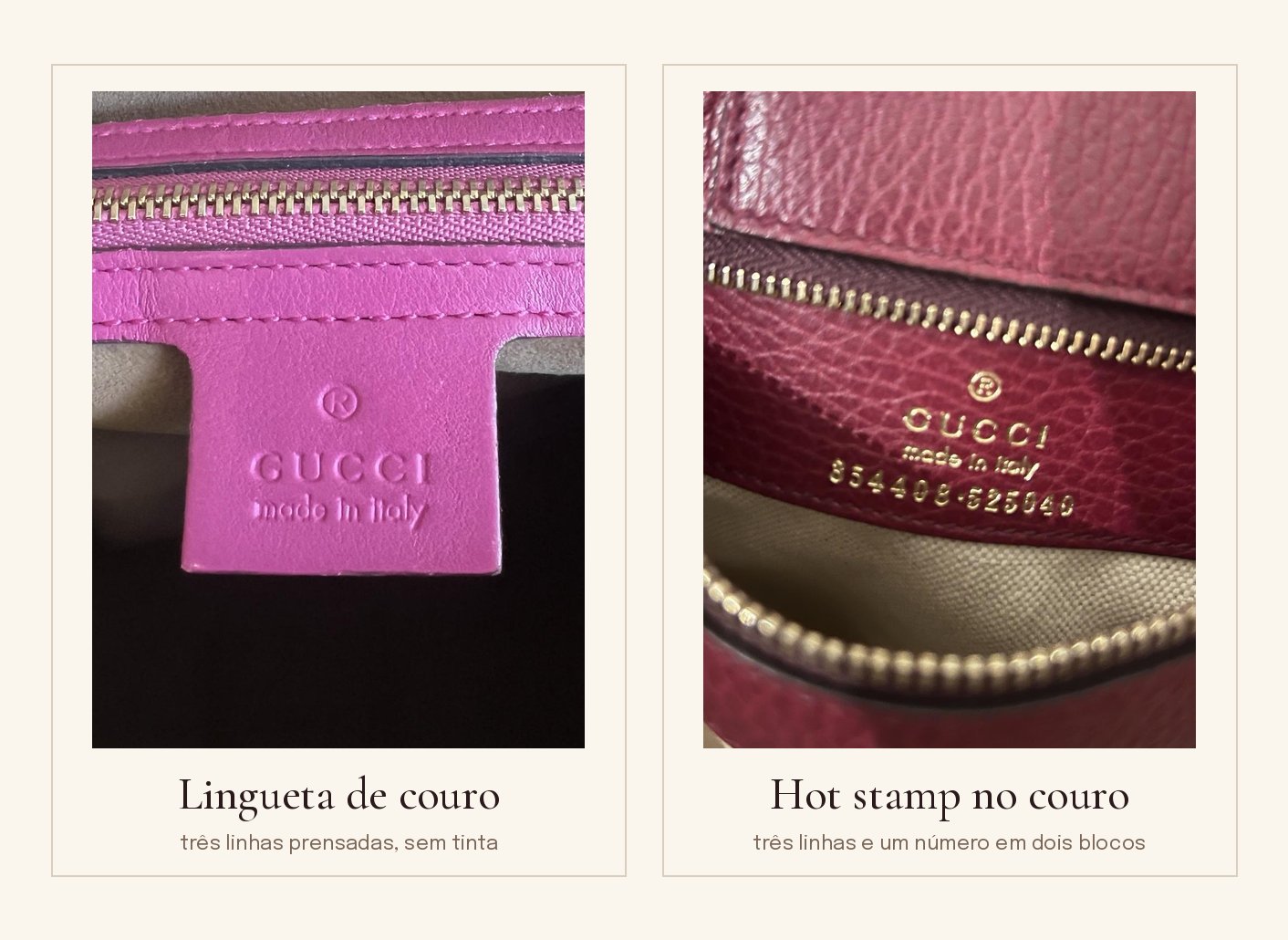 Lingueta de couro com três linhas prensadas e hot stamp dourado com três linhas e um número em dois blocos