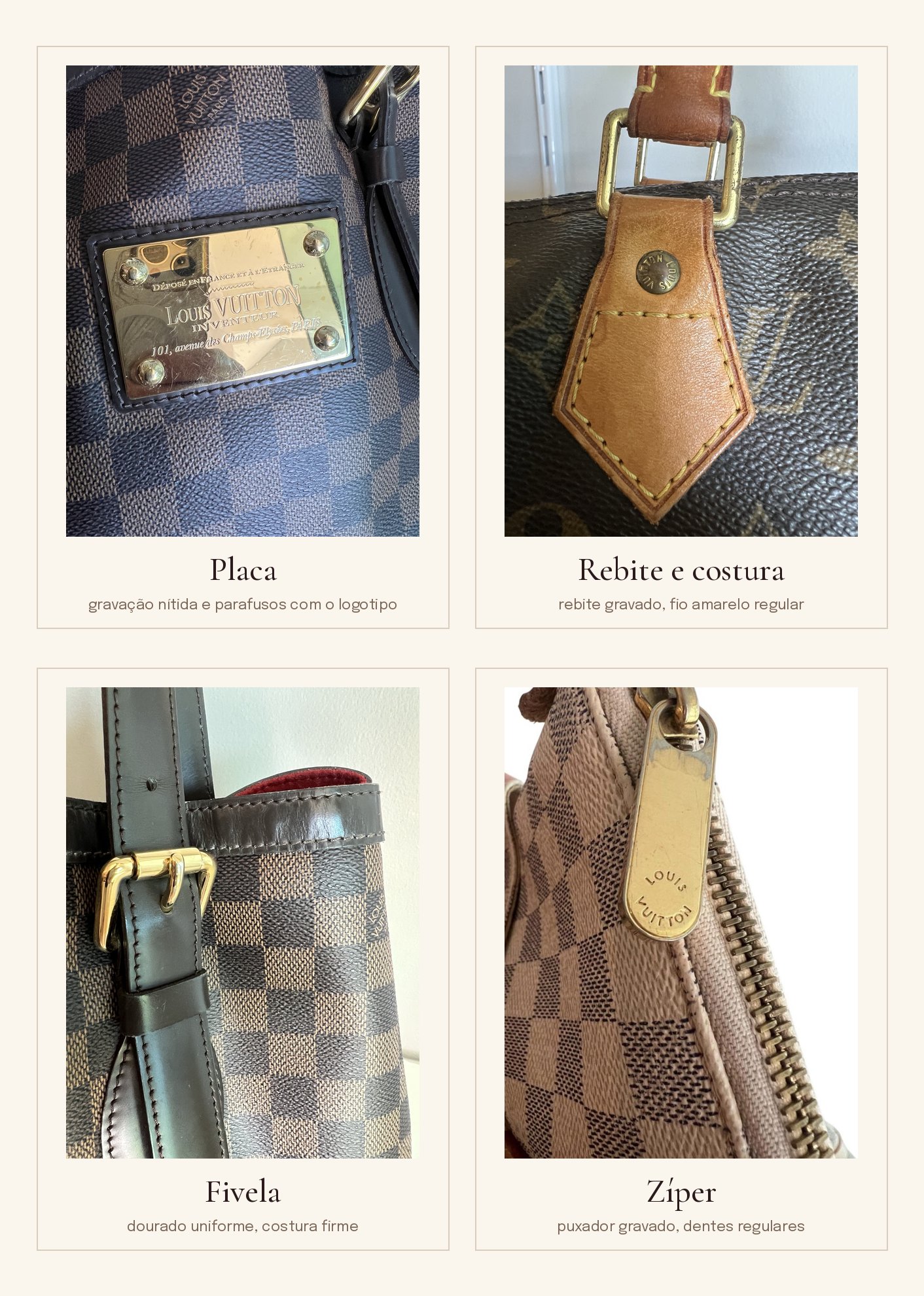 Placa, rebite com costura, fivela e zíper de bolsas Louis Vuitton