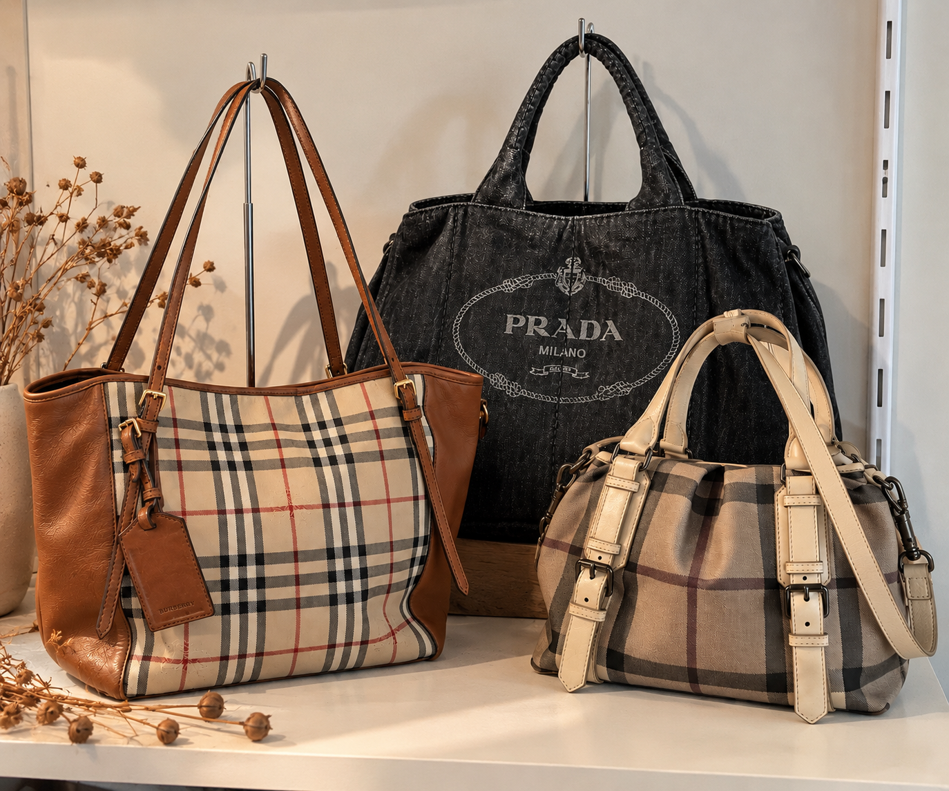 Bolsas Burberry e Prada na loja